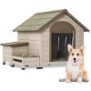 Outdoor fir wood dog house with an open roof ideal for small to medium dogs. With storage box, elevated feeding station with 2 bowls. Weatherproof asp