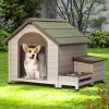 Outdoor fir wood dog house with an open roof ideal for small to medium dogs. With storage box, elevated feeding station with 2 bowls. Weatherproof asp