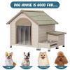 Outdoor fir wood dog house with an open roof ideal for small to medium dogs. With storage box, elevated feeding station with 2 bowls. Weatherproof asp