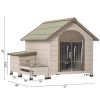 Outdoor fir wood dog house with an open roof ideal for small to medium dogs. With storage box, elevated feeding station with 2 bowls. Weatherproof asp