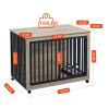 Furniture Style Dog Crate Side Table With Feeding Bowl, Wheels, Three Doors, Flip-Up Top Opening. Indoor, Grey, 43.7"W x 30"D x 33.7"H